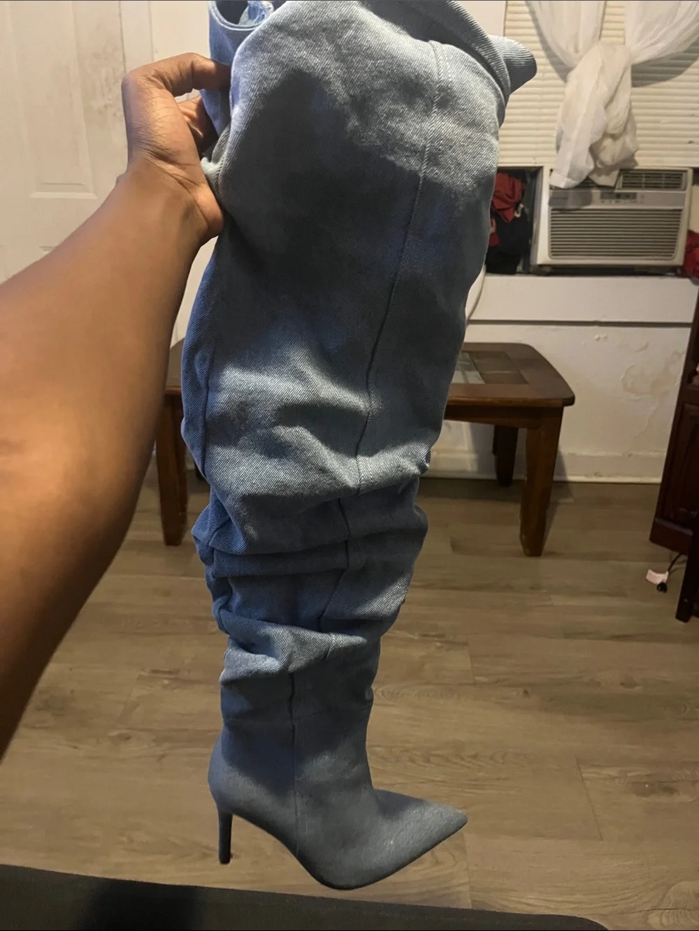 Light Blue Slouchy Pointed-Toe Over-the-Knee Boots